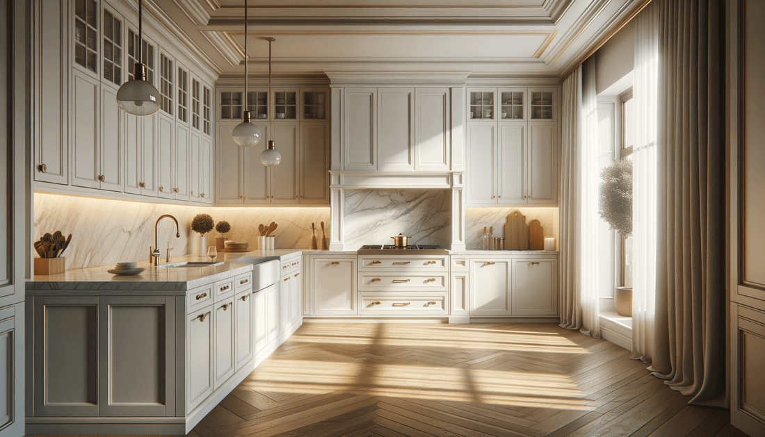 Taj Mahal Quartzite and White Cabinets Elevate Timeless Spaces - Zicana Boutique