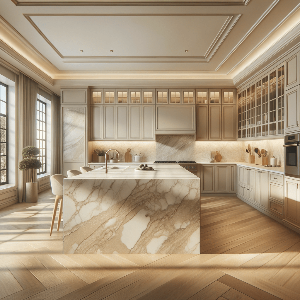 Taj Mahal Quartzite with Beige Cabinets Elevates Timeless Design ...