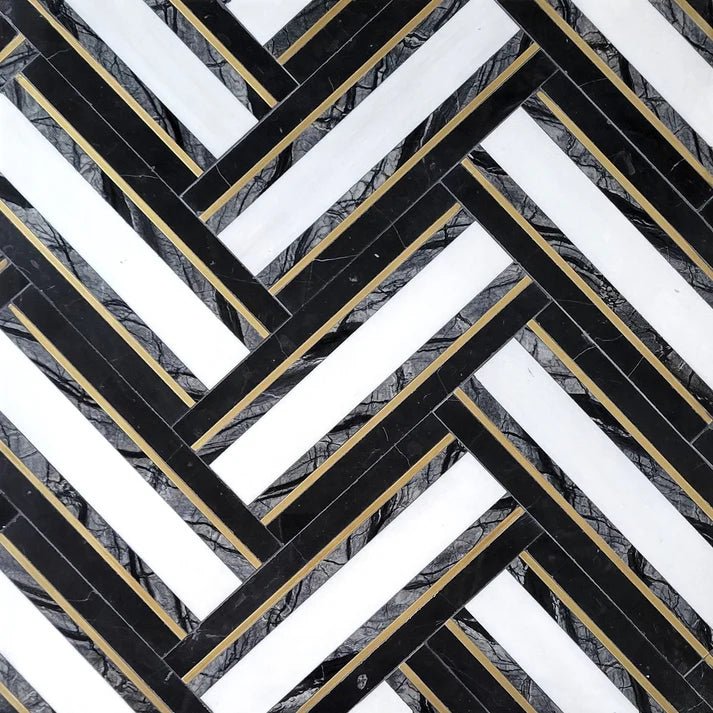 Decova Herringbone Lux Noir Marble & Metal Waterjet Tite Zicana Boutique - Zicana Boutique - 1