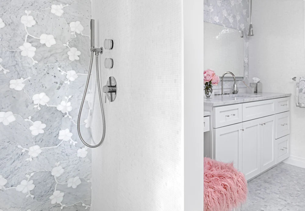Orchid Dimensional Bianco Carrara Marble Waterjet Mosaic Artistic Tile - Zicana Boutique - 4