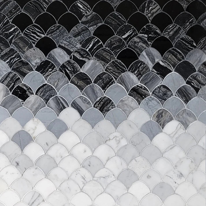 Tonal Scallop Noir Marble Waterjet Mosaic Zicana Boutique - Zicana Boutique - 1