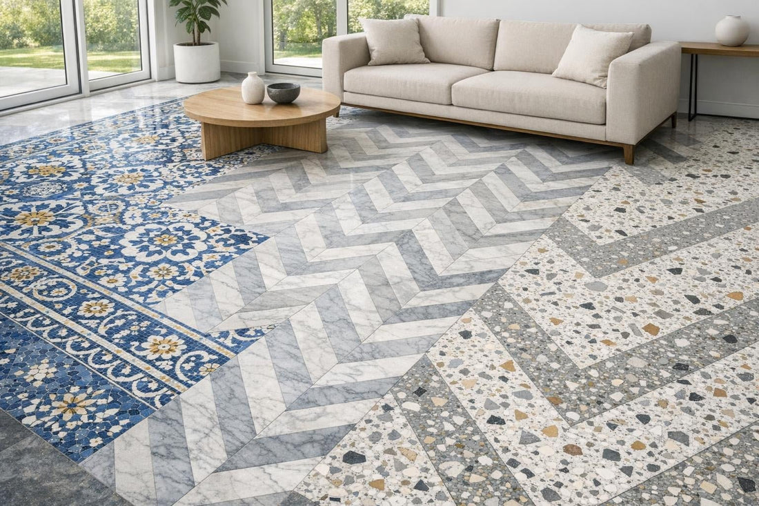 Azulejo Nube Chevron Terrazzo: Elevate Spaces with Zicana's Waterjet Mosaic - Zicana Boutique