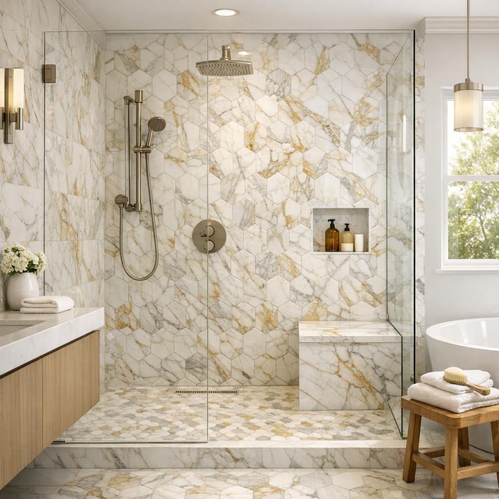 Calacatta Gold Marble Mosaic: Elevate Artistic Tile Design - Zicana Boutique