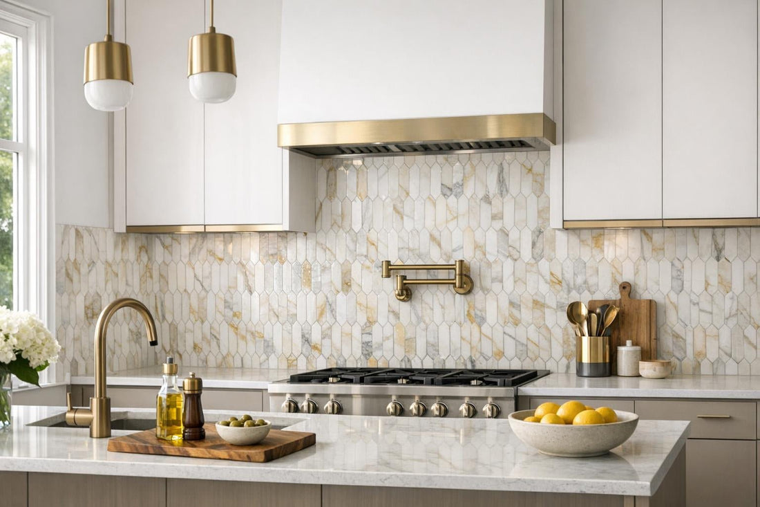 Calacatta Gold Marble Mosaic: Elevate Spaces with Artistic Tile - Zicana Boutique