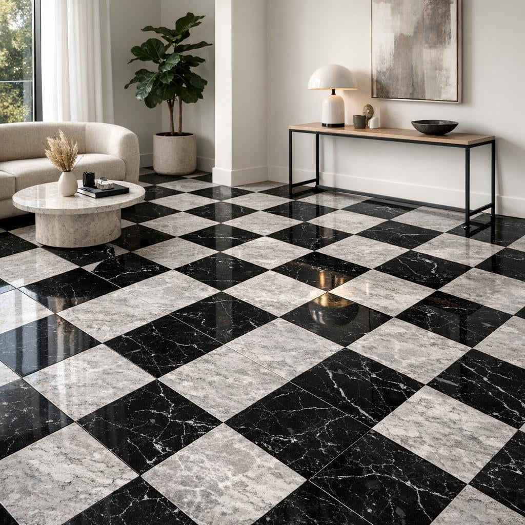 Checkerboard Silver Travertine and Nero Marble: Elegance Defined - Zicana Boutique