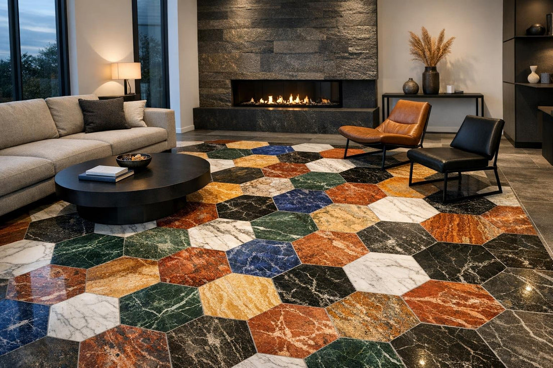 Colored Hexagon Design: Elevate Spaces with Unique Stone Patterns - Zicana Boutique