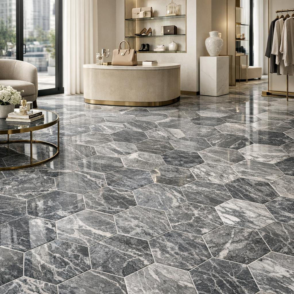 Discover Bardiglio Polished Marble Hexagons at Zicana Boutique - Zicana Boutique