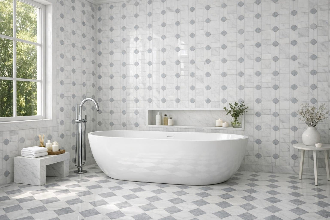 Discover Bella Thassos & Carrara Checkered Tiles at Zicana - Zicana Boutique
