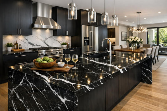 Discover Black Statuario Tessa Quartz for Luxe Interiors - Zicana Boutique