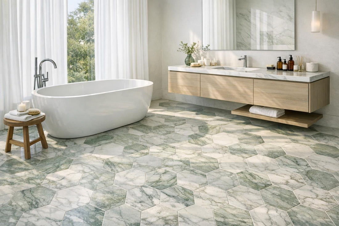Discover Calacatta Green Honed Marble Hexagons at Zicana - Zicana Boutique