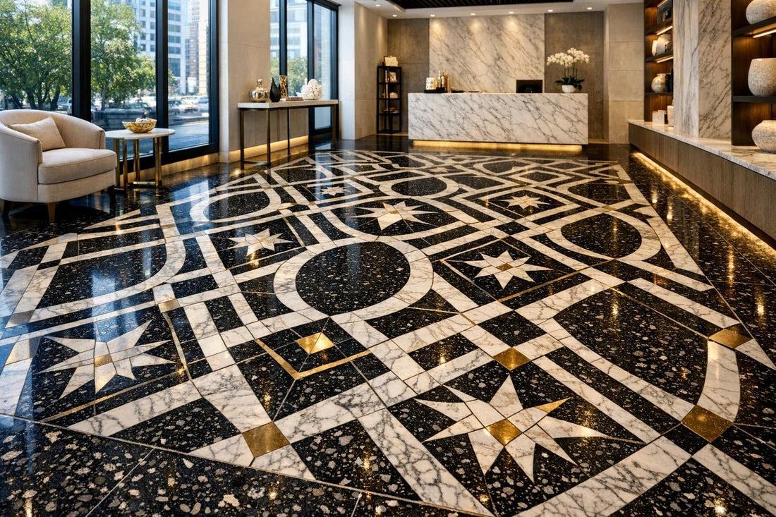 Discover Cornella Nero Geometric Terrazzo Waterjet Mosaic Solutions - Zicana Boutique