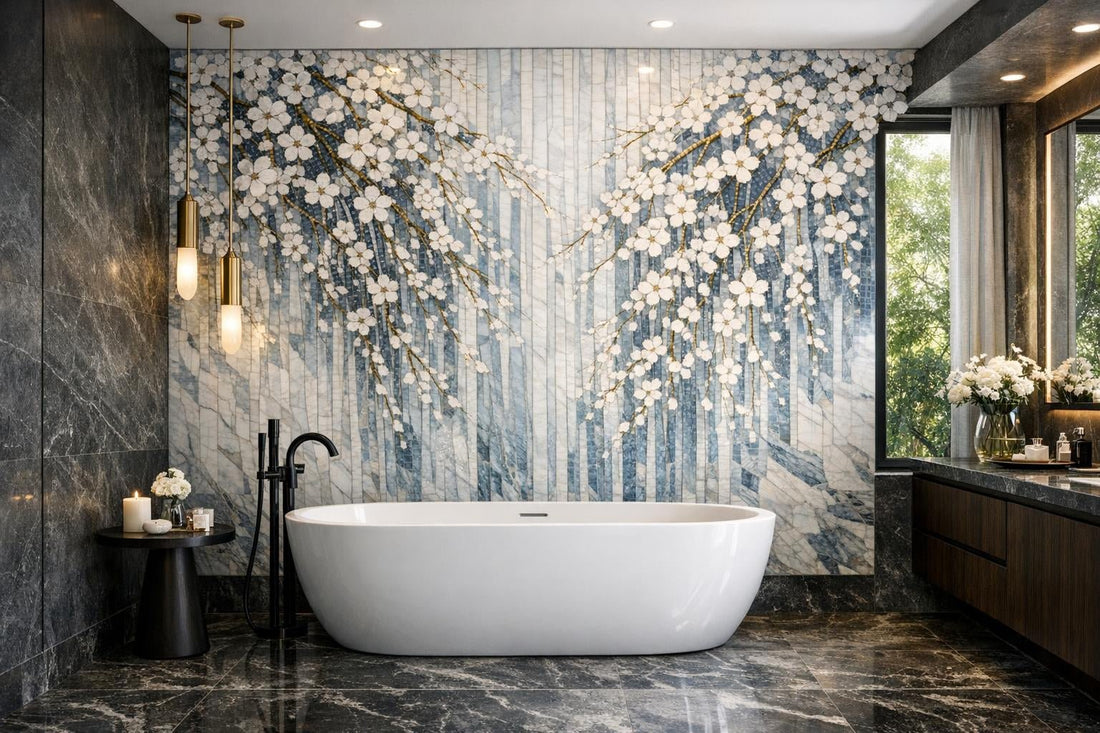 Discover Sakura Falls Calacatta Bluette Mosaic for Luxurious Designs - Zicana Boutique