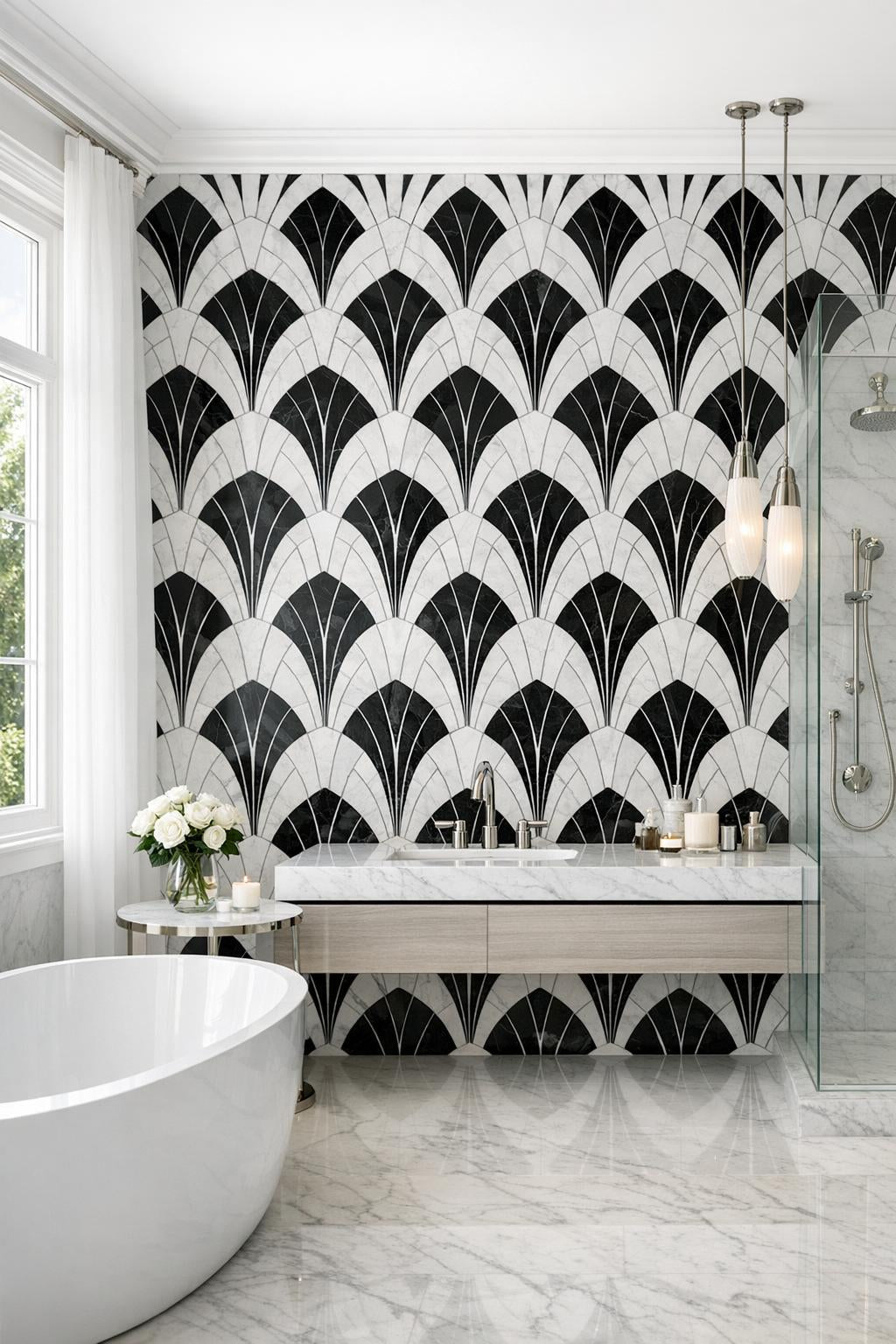 Discover the Grand Gatsby Thassos Black Blend Waterjet Mosaic - Zicana Boutique