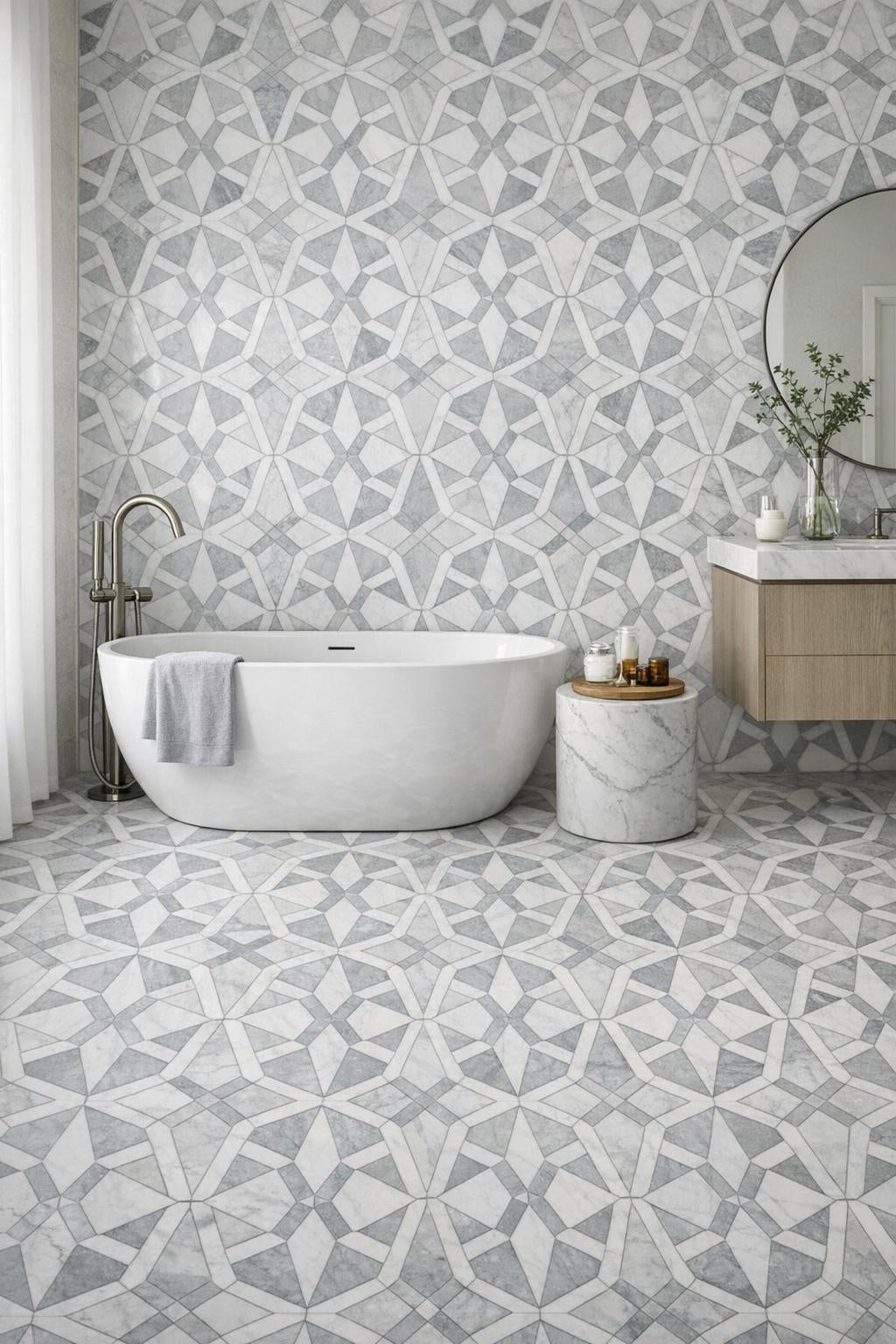 Discover Umbraline Frost Geometric Waterjet Marble Tile Elegance - Zicana Boutique