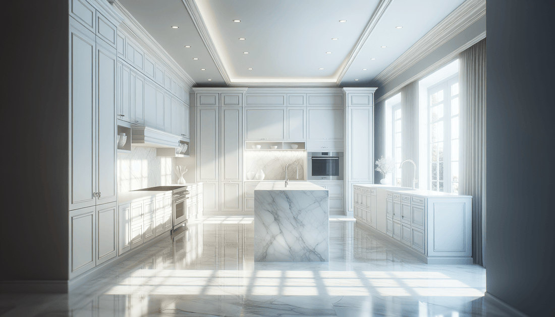 Elegance of White Marble Countertop with White Cabinets - Z Boutique by Marble Couture