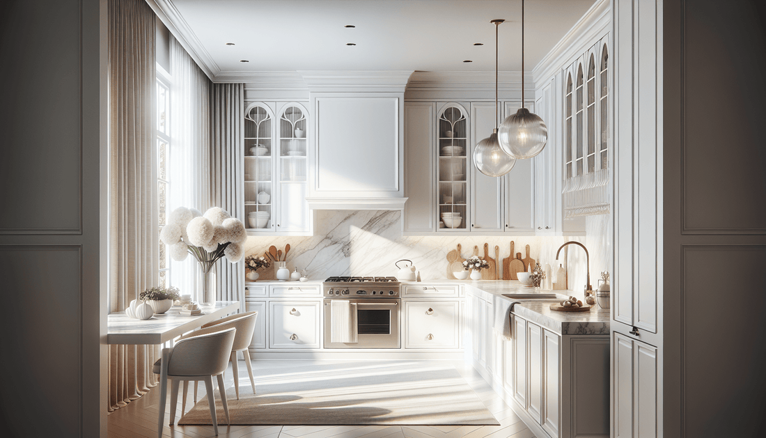 Elegance Redefined: White Kitchen Cabinets with White Granite Countertops - Z Boutique by Marble Couture