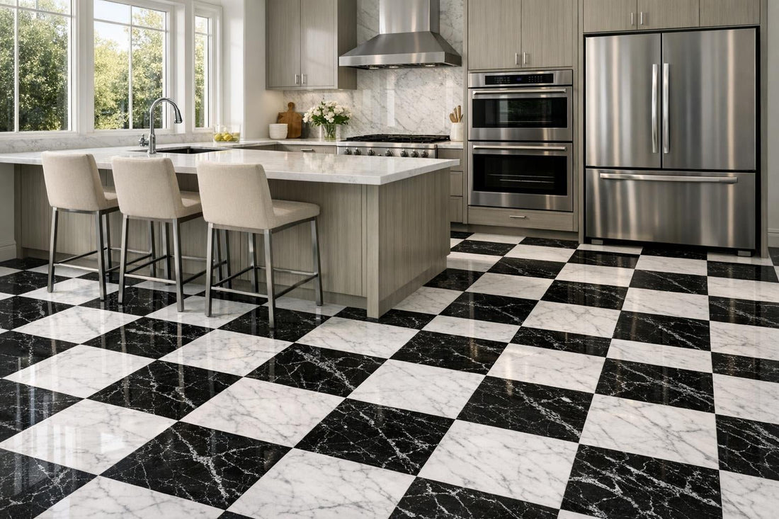 Elegant Checkerboard Carrara and Thassos Marble Tile Solutions - Zicana Boutique