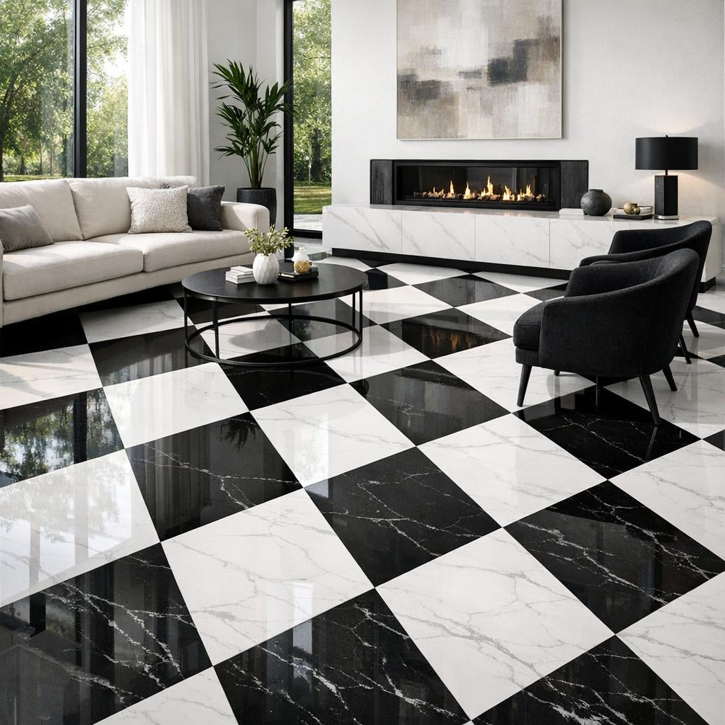 Elegant White and Black Floor Tiles for Stylish Spaces - Zicana Boutique