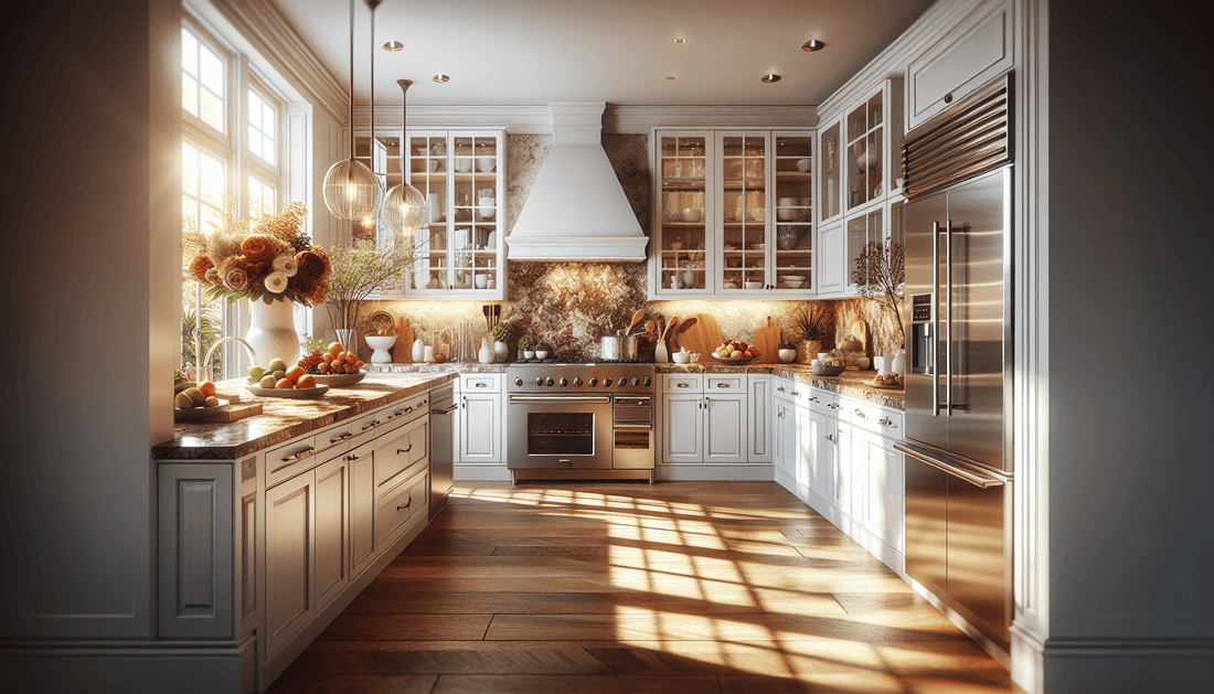 Elegant White Cabinets Pair Perfectly with Brown Granite Countertops - Zicana Boutique