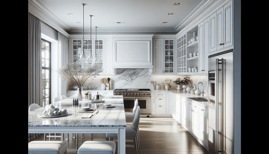 Elegant White Cabinets Paired with Luxurious Granite Countertops - Z Boutique by Marble Couture