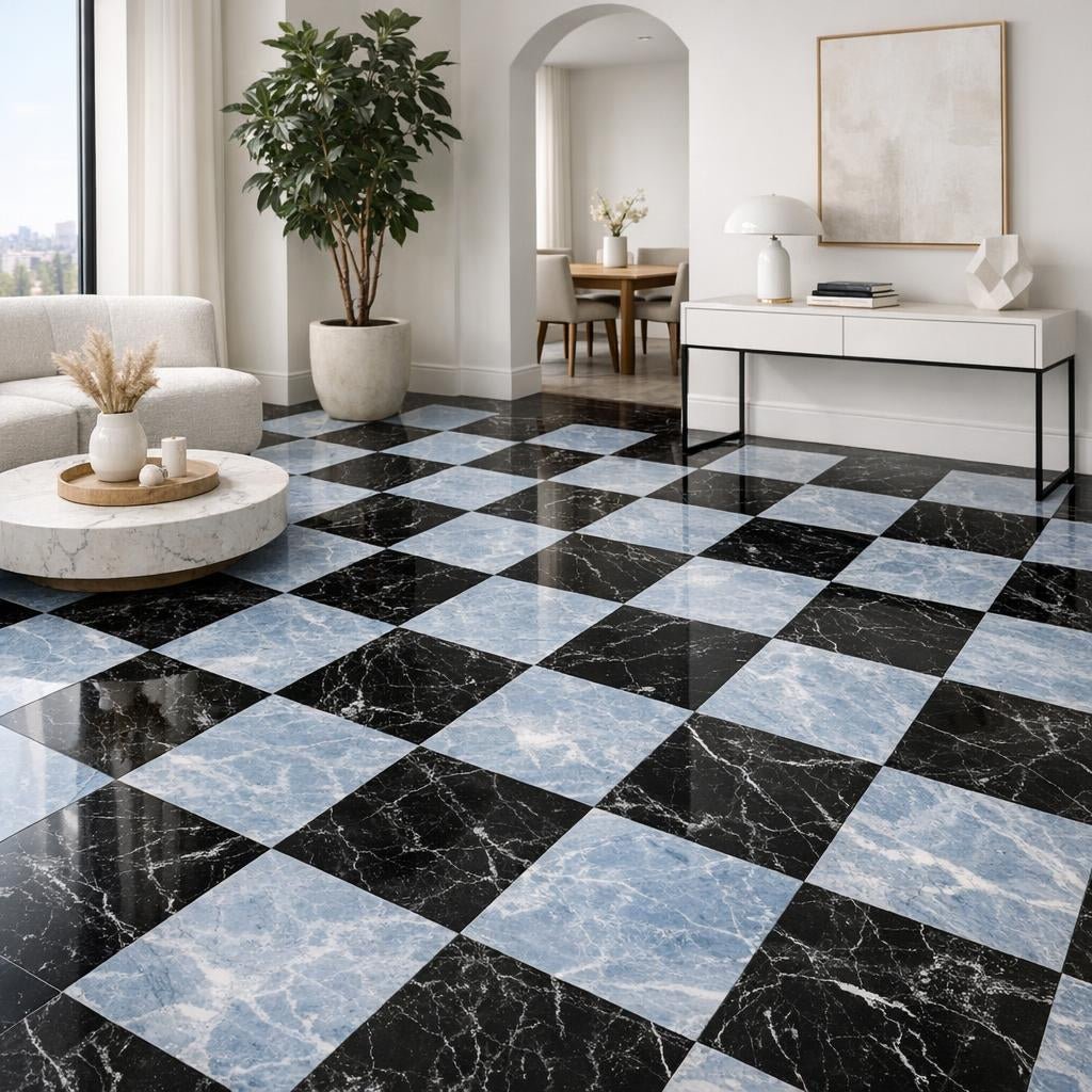 Elevate Interiors with Checkerboard Blue Celest & Nero Marble - Zicana Boutique