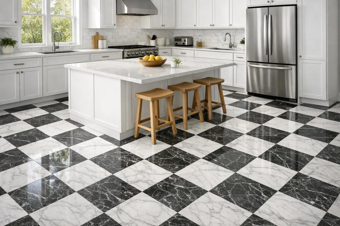 Elevate Spaces: Checkerboard Bianco Rhyno & Calacatta Marble Tiles - Zicana Boutique