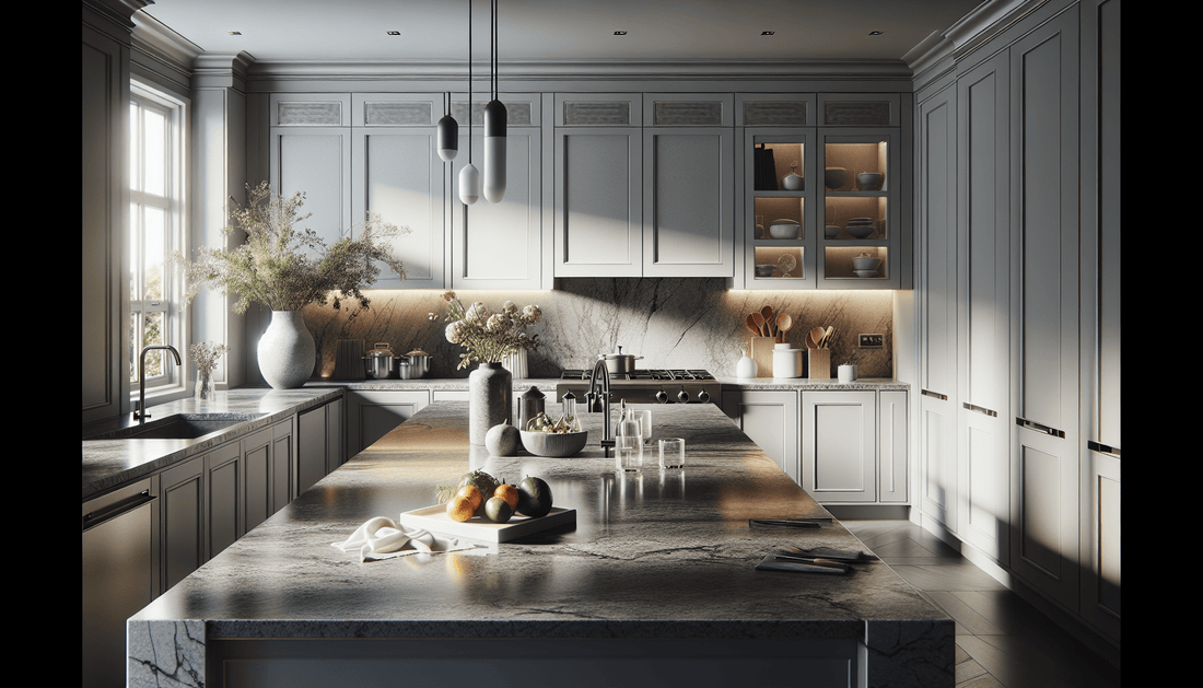 Elevate Spaces: Grey Granite Countertops with White Cabinets - Zicana Boutique