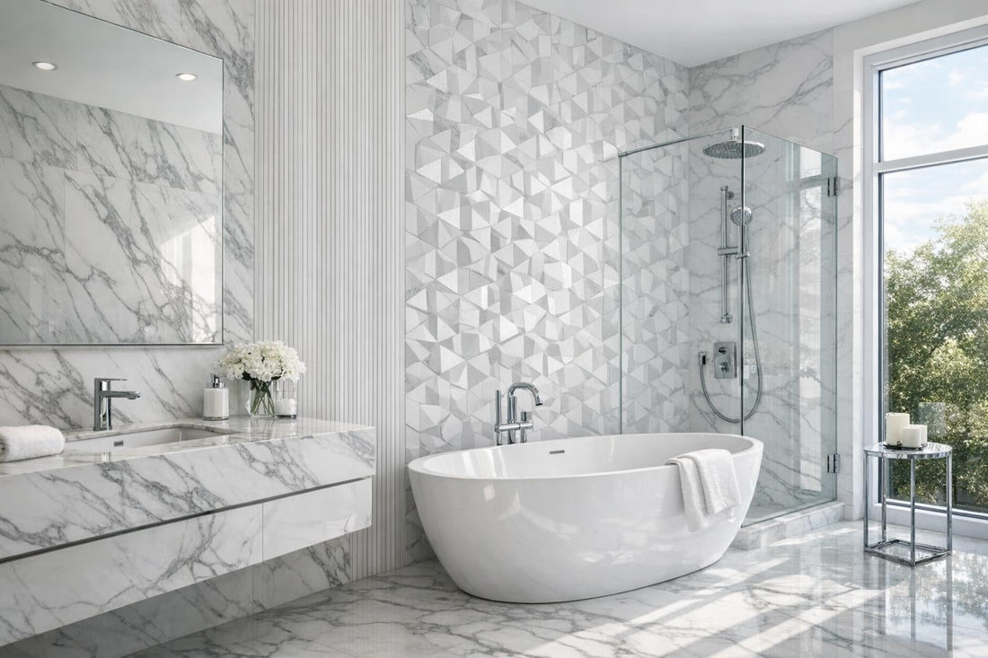 Elevate Spaces: Linear Groove Calacatta & Thassos Marble Mosaic - Zicana Boutique
