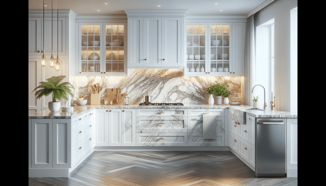 Elevate Spaces: White Cabinets Paired with Exquisite Granite - Z Boutique by Marble Couture