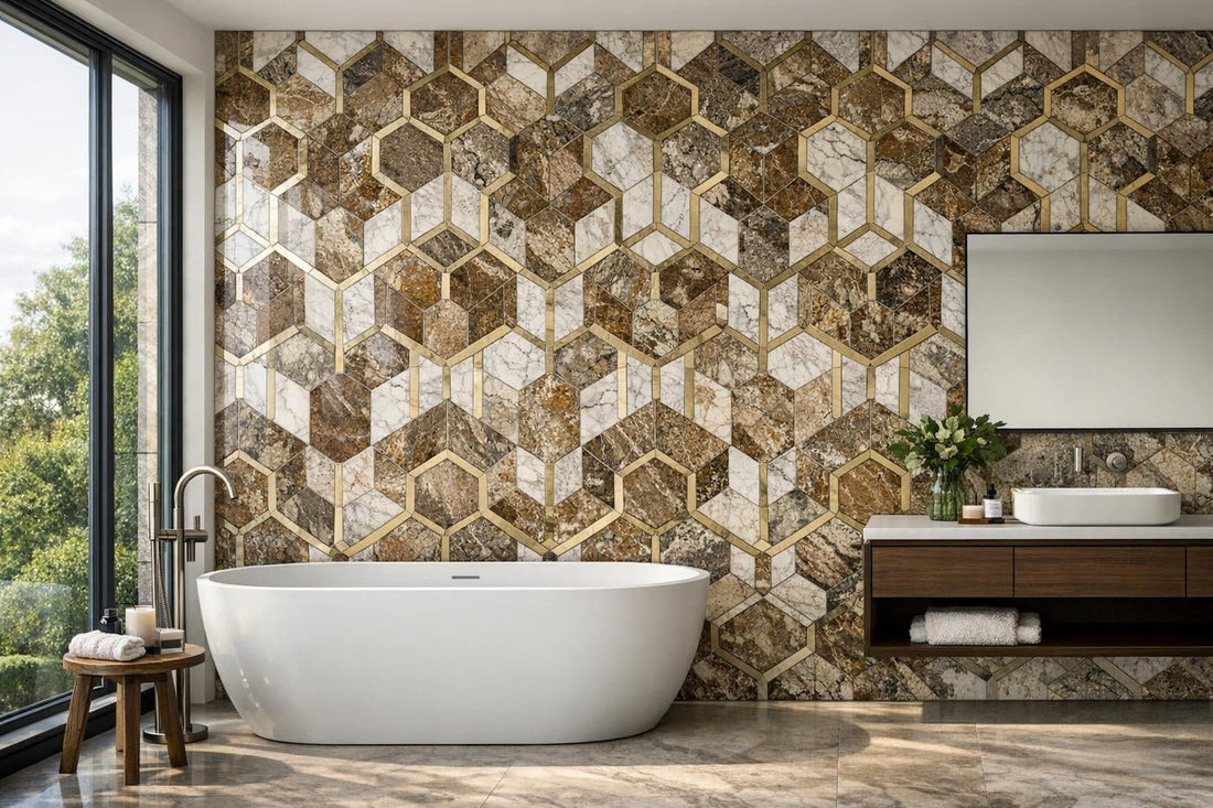 Elevate Spaces with Allen Breccia Geometric Marble Tiles - Zicana Boutique