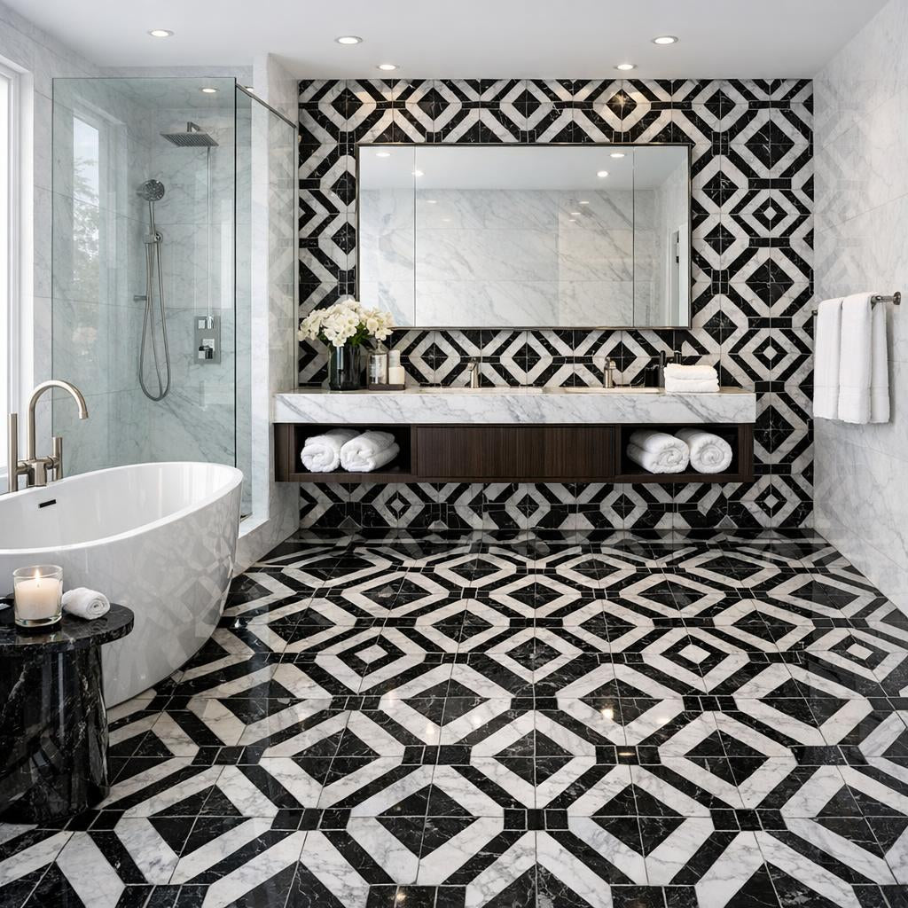 Elevate Spaces with Allen Nero Geometric Marble Waterjet Tile - Zicana Boutique