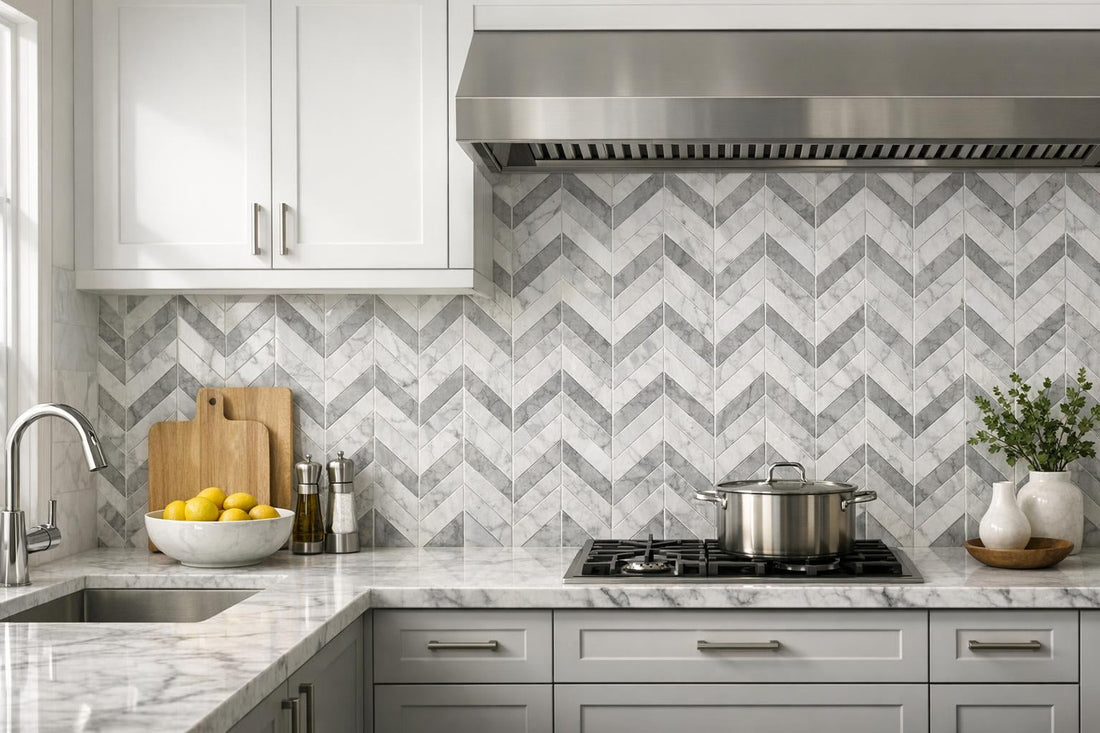 Elevate Spaces with Azulejo Sterling Chevron Marble Mosaics - Zicana Boutique