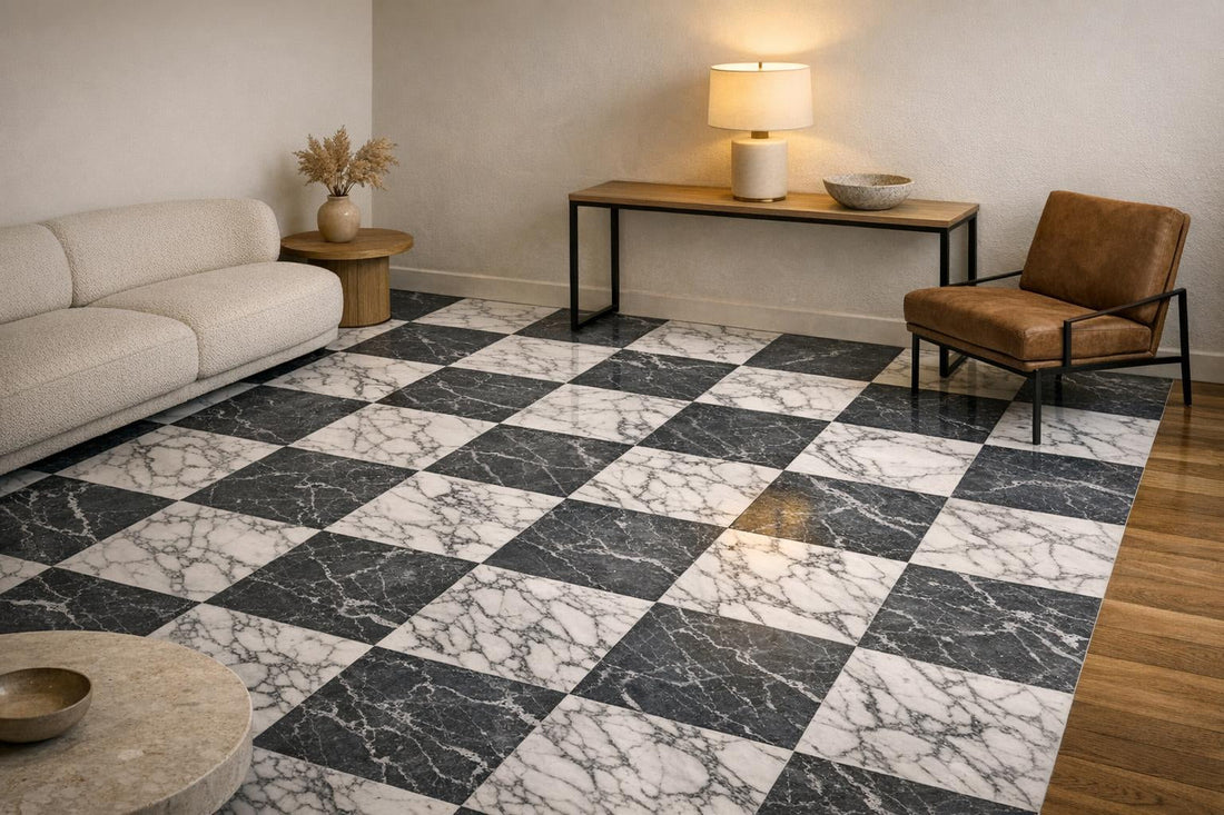 Elevate Spaces with Checkerboard Arabescato and Bardiglio Marble Tile - Zicana Boutique