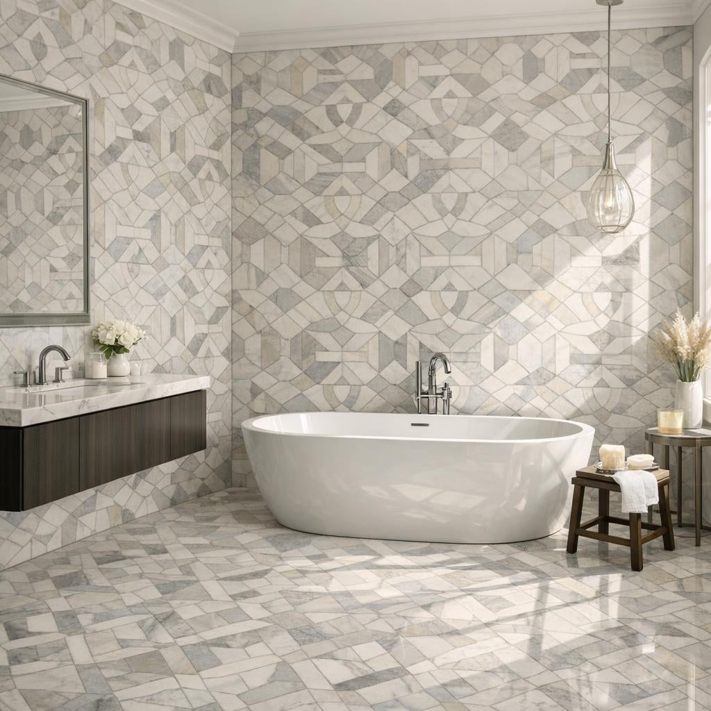 Elevate Spaces with Essenza Liam Geometric Waterjet Marble - Zicana Boutique