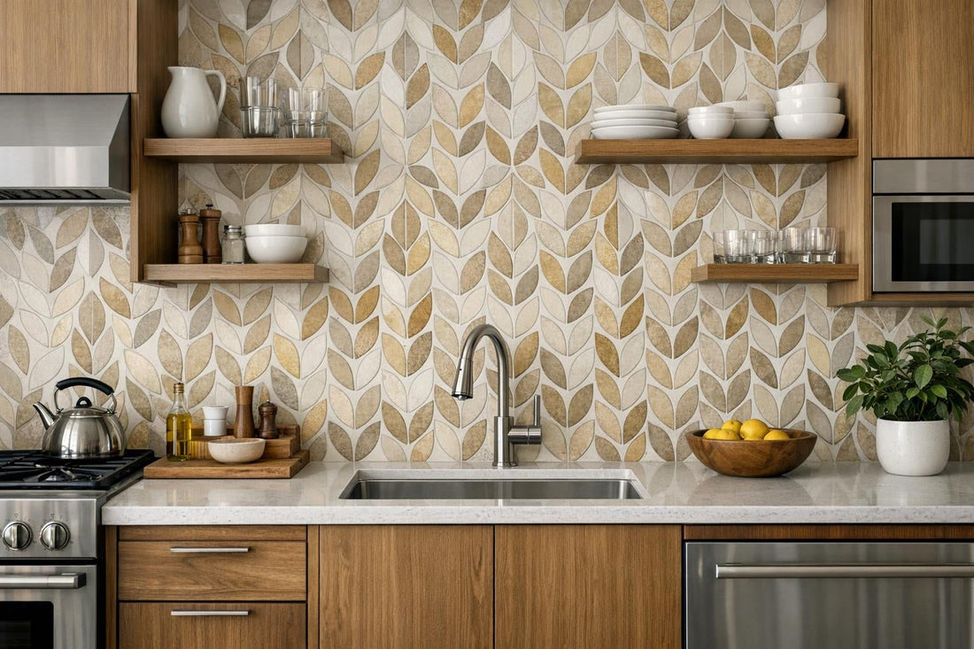 Elevate Spaces with Folium Wheat Waterjet Mosaic Tile - Zicana Boutique