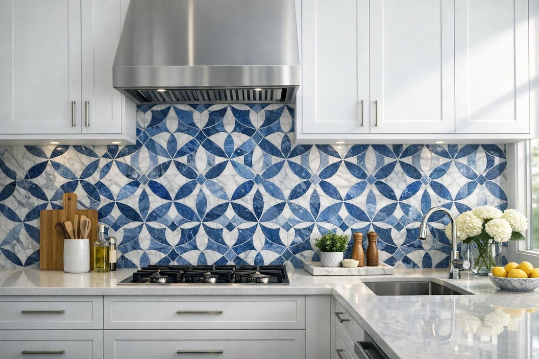 Elevate Spaces with Nodo Blue Geometric Mosaic Marble - Zicana Boutique