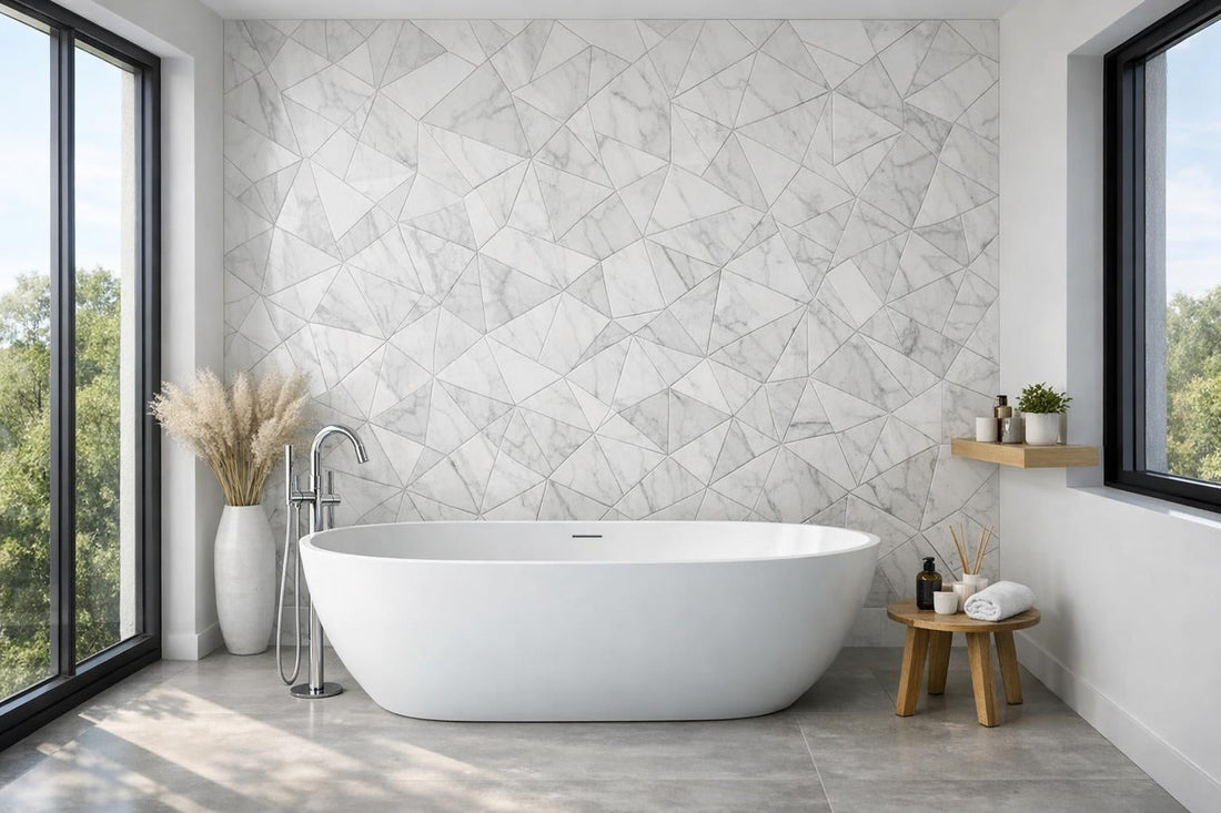 Elevate Spaces with Origami Alta White Marble Waterjet Mosaic - Zicana Boutique