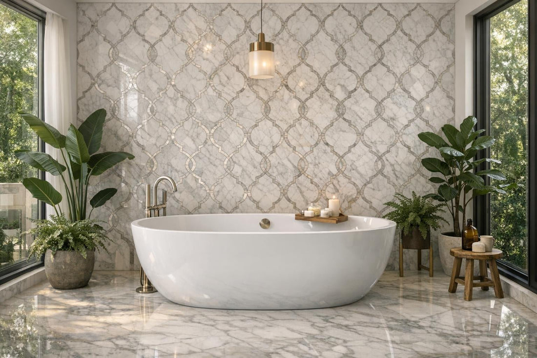 Elevate Spaces with Rivera Path Arabesque Marble Mosaic - Zicana Boutique