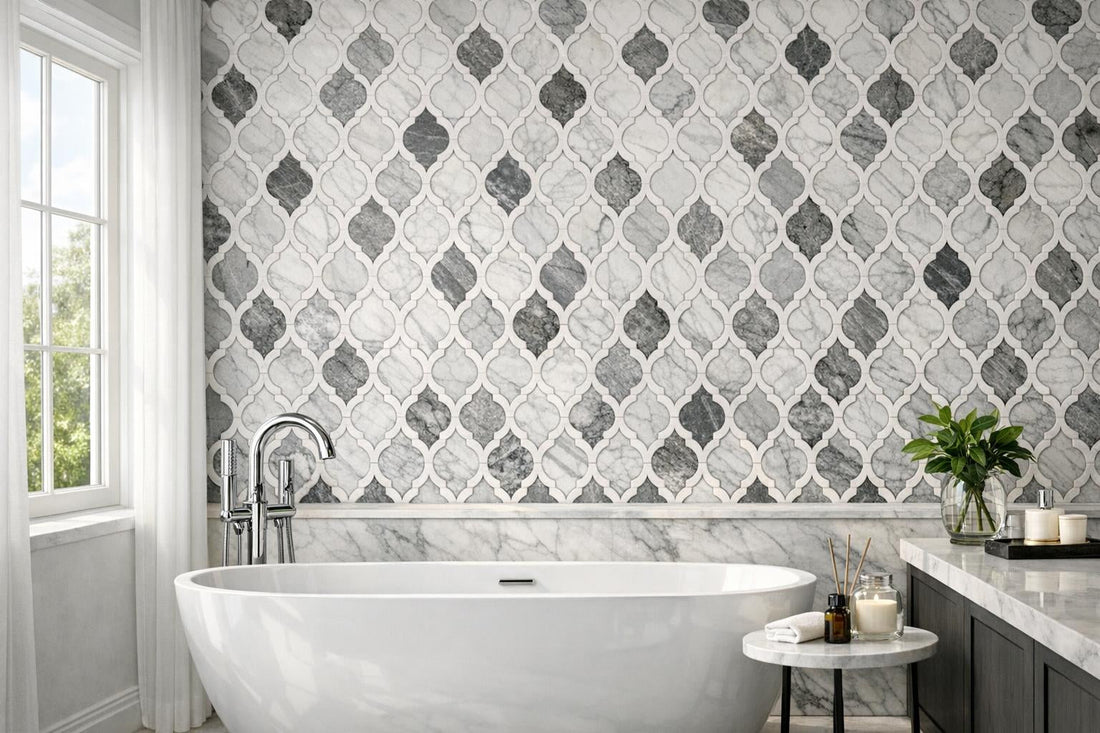 Elevate Spaces with Rivera Titan Arabesque Marble Mosaic - Zicana Boutique