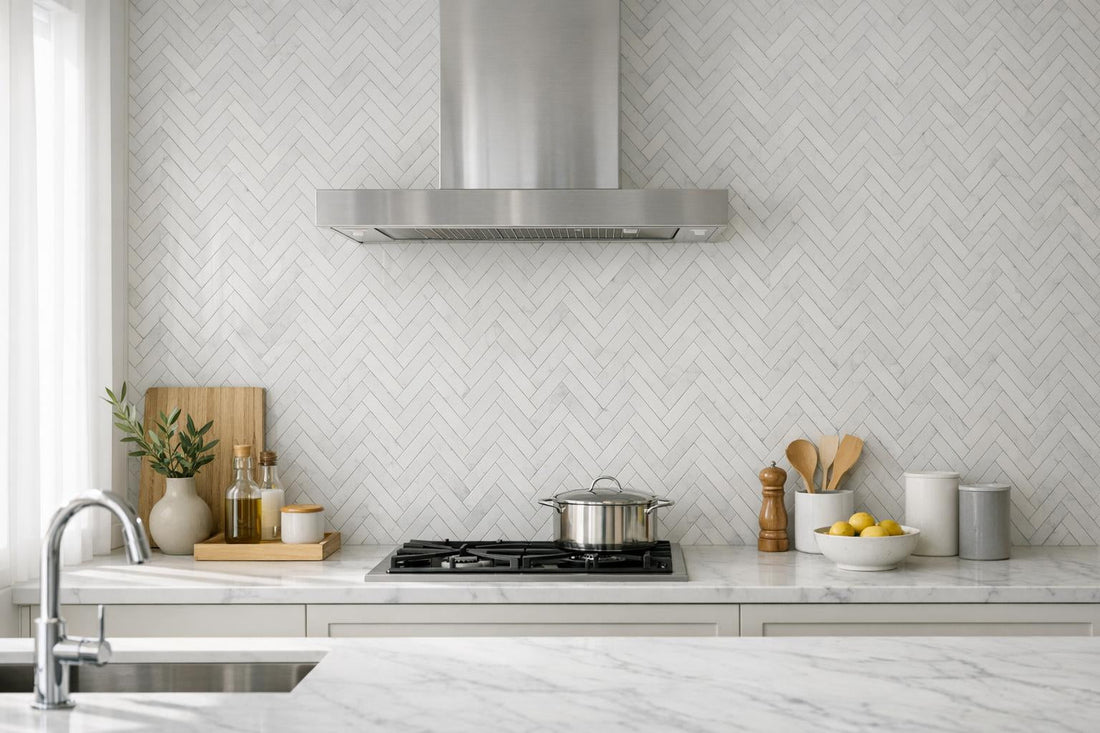 Elevate Spaces with Thin Herringbone Thassos Marble Mosaic - Zicana Boutique