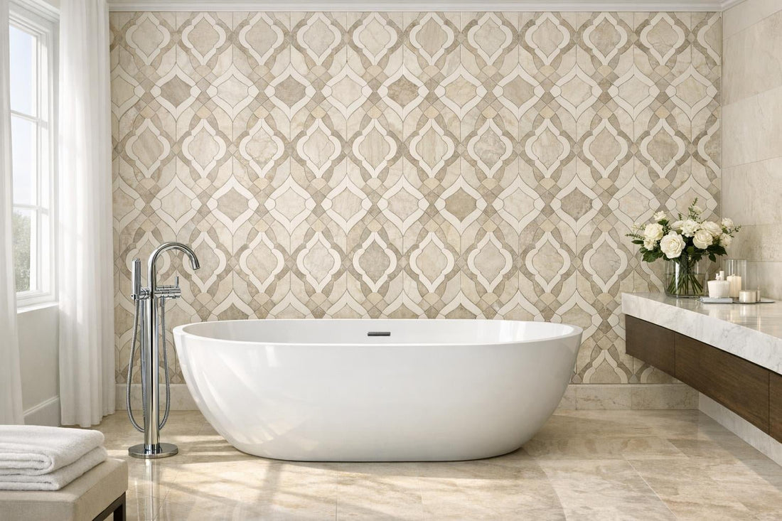 Elevate Spaces with Tonal Marquet Diamond Crema Marble Mosaics - Zicana Boutique