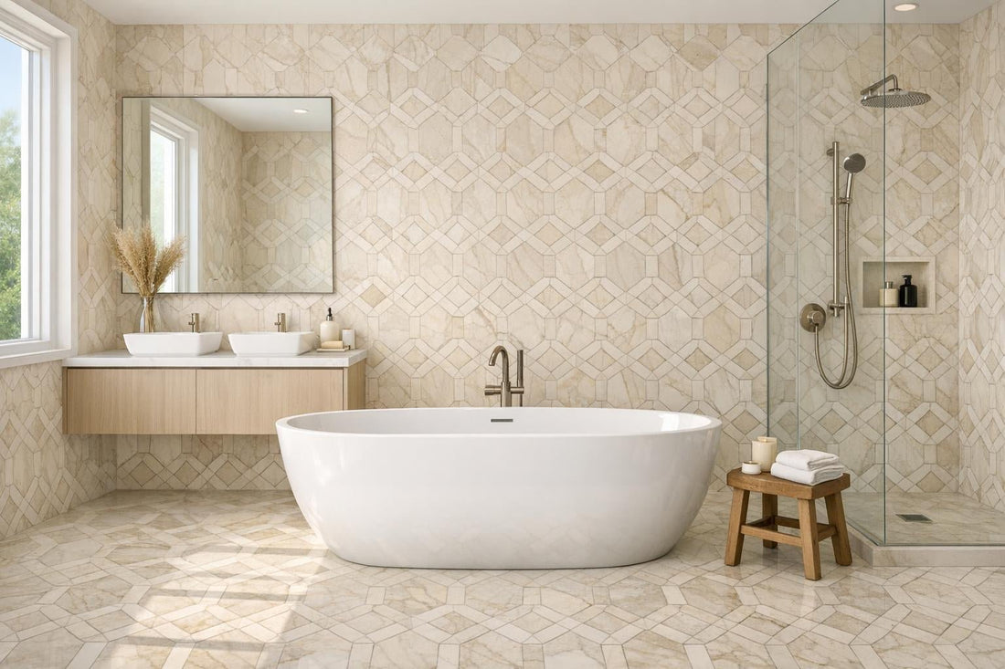 Elevate Spaces with Umbraline Crema Geometric Waterjet Marble Tile ...