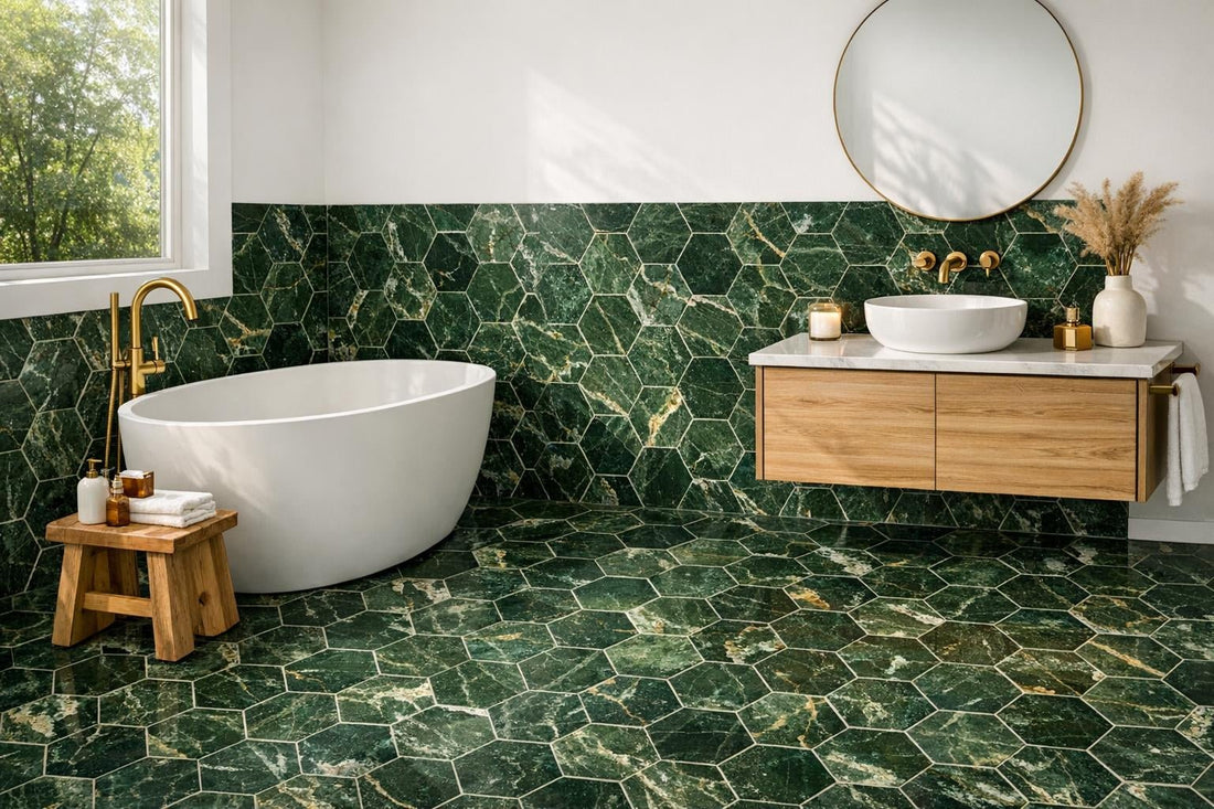 Enhance Interiors with Forest Green Marble Hexagon Tiles - Zicana Boutique