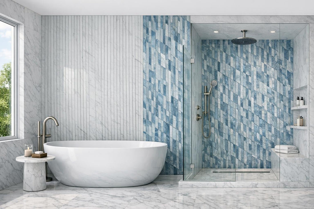 Enhance Spaces: Linear Groove Carrara & Blue Celest Marble - Zicana Boutique