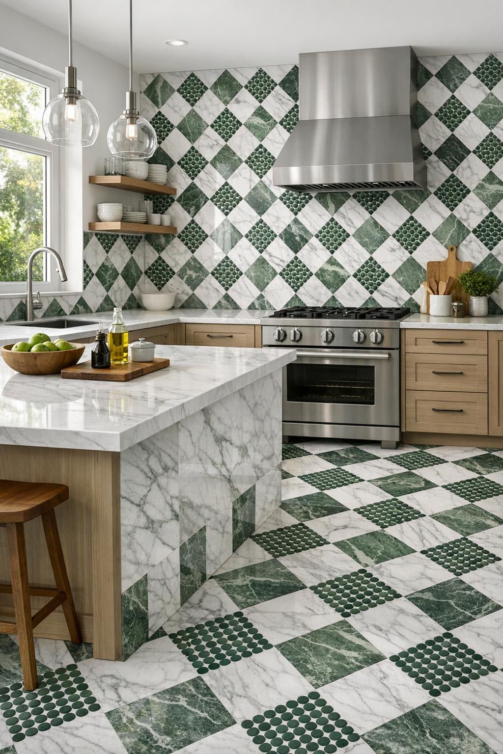 Enhance Spaces with Bella Calacatta Green Checkered Tile Solutions - Zicana Boutique