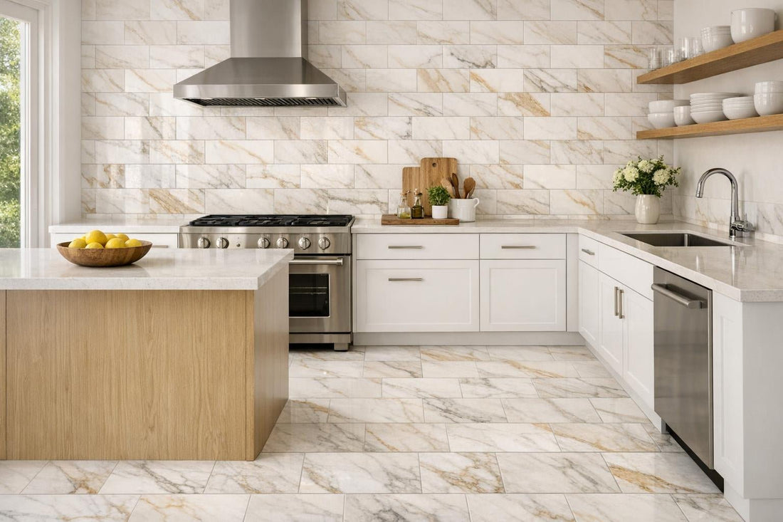 Enhance Spaces with Calacatta Gold Marble Tile 6"x12" - Zicana Boutique