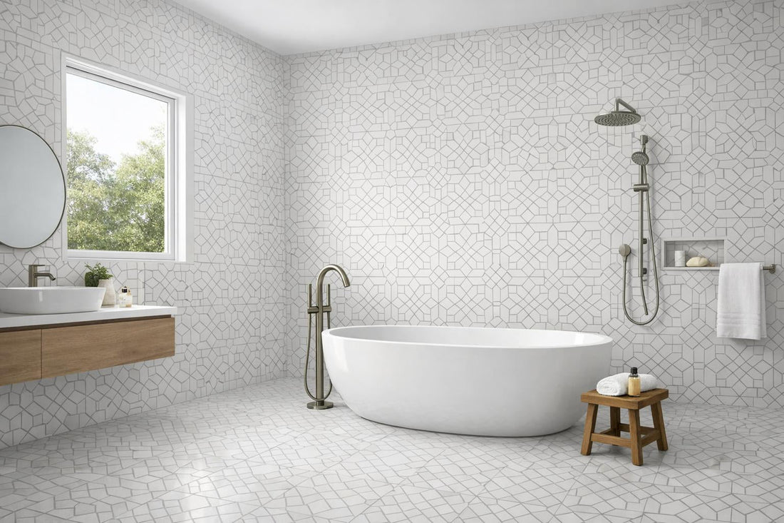 Enhance Spaces with Callen Snow Square Waterjet Tile - Zicana Boutique