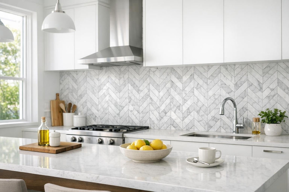 Enhance Spaces with Chevron Bianco Carrara Marble Mosaic - Zicana Boutique