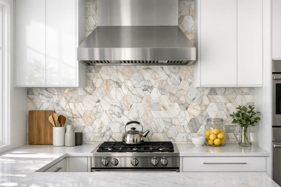 Enhance Spaces with Delicato Breccia Trapezoid Marble Tile - Zicana Boutique
