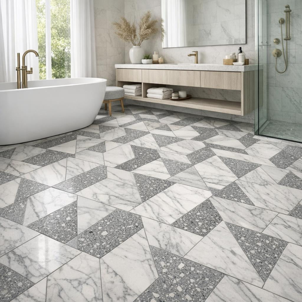Enhance Spaces with Delicato Marmara Trapezoid Terrazzo Tile - Zicana Boutique
